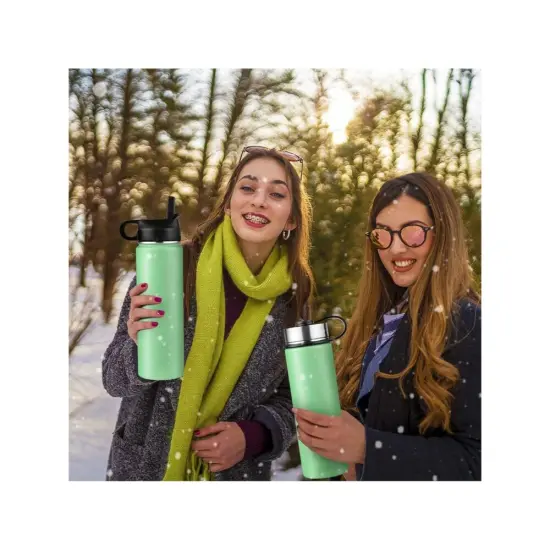 22 Oz Double-walled Insulated Stainless Steel Water Bottle with 2 Lids and Straw Green {1}