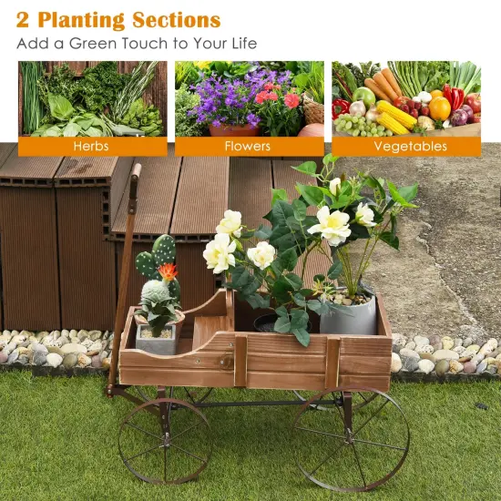 Rustic Wooden Wagon Planter with Metal Wheels Small Garden Cart for Flowers Outdoor Decor Brown {6}