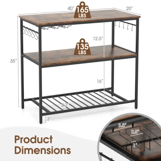 3 Shelves Kitchen Island Industrial Prep Table with Bottom Wine Rack-Rustic Brown {3}