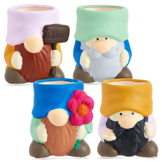 Set of 4 Paint Your Own Garden Gnome Succulent Planters - Blank Paintable Flower Pots with Drainage Holes, Rubber Plugs, 15 Sticker Pot Pads - Ceramics Pottery to Paint for Adults (4 Designs) {5}