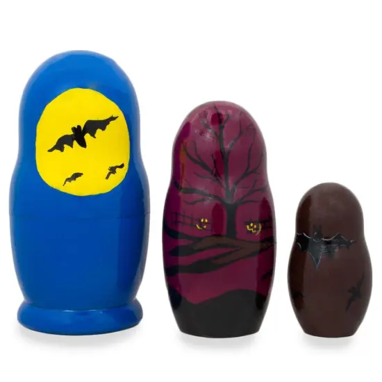 Set of 3 Halloween Witch and Pumpkins Wooden Nesting Dolls 4.25 Inches {3}