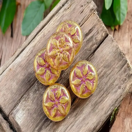 *5* 18mm Pink Washed Gold Glitter Crystal Hawaiian Flower Coin Beads {4}
