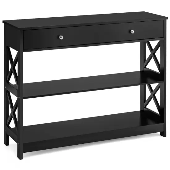 3-Tier Console Table with Drawers for Living Room Entryway Black {7}