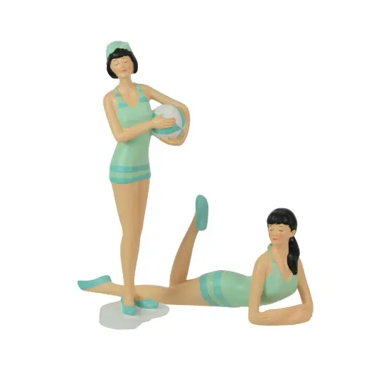 Retro Bathing Beauty Figurine Set – Striped Swimsuits, Coastal Home Decor {1}