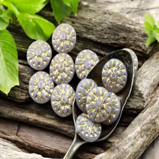 *12* 15mm Gold Washed Lilac Opaline Dahlia Flower Coin Beads {3}
