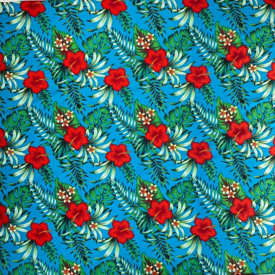 1 Yard Hibiscus Plumeria Tropical Leaves All Over Design Cotton Fabric, 100% Cotton, 36in L x 45in W Blue {5}
