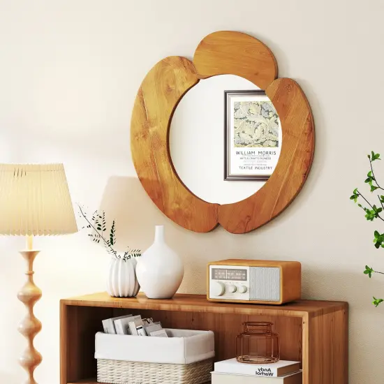 Costway Irregular Wall Mirror 29 Inch Rustic Hanging Vanity Mirror with Teak Wood Frame {5}