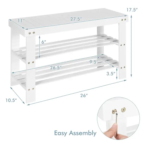 Costway Bamboo Shoe Rack Bench 3-Tier Storage Shelf Holder Home Entryway Hallway White {3}