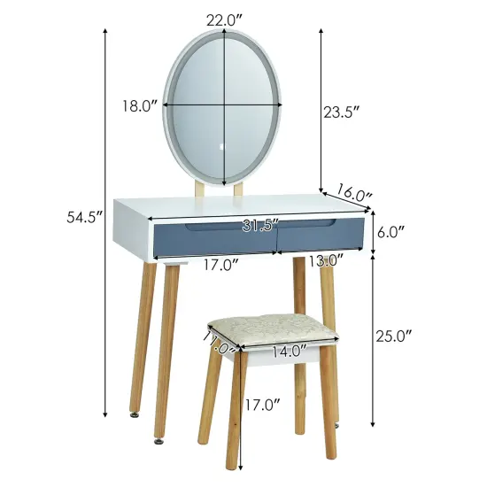 Costway Vanity Makeup Table Touch Screen 3 Lighting Modes Dressing Table Stool Set White\Black\ Gray {3}