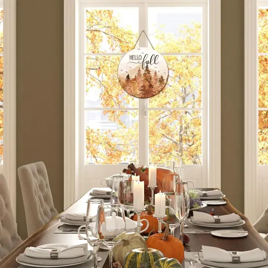 Hello Fall Forest Wooden Hanging Sign Rustic Watercolor(Brown, Beige) {4}