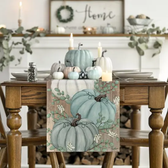 Pumpkins Eucalyptus Leaves Fall Table Runner - 13x72 Inch (Wood-Blue) {2}