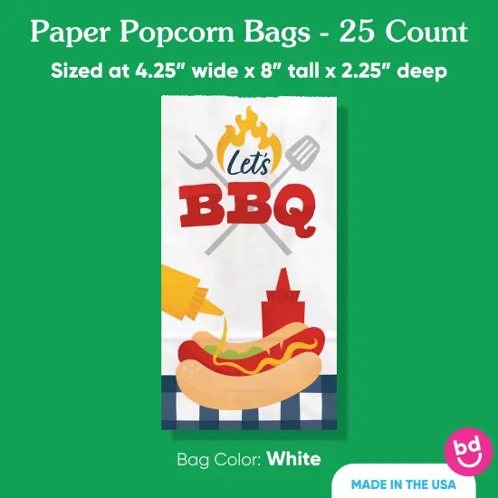 Big Dot of Happiness Summer BBQ Popcorn Bags, Fire Up the Grill Picnic Party Favor Snack Treats, Free-Standing Individual White Paper Bags - 25 Count {5}