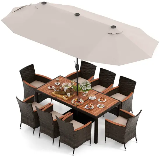 Costway 11 PCS Patio Dining Set with 15ft Double-Sided Patio Umbrella (Base Included) Beige/Coffee/Navy/Orange/Wine/Grey {7}
