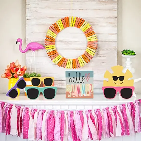 Summer Decor - 6 PCS Rustic Summer Tiered Tray Decor - Hello Summer Sunglasses Sunshine Wood Decorations - Luau Party Decorations {2}