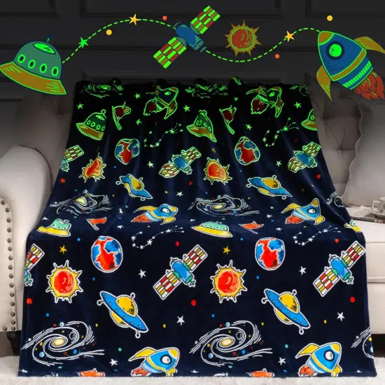 Glow in The Dark Galaxy Space Blanket Gifts for Boys Girls, Star Planet and Solar System Decor for Adult Kids {1}