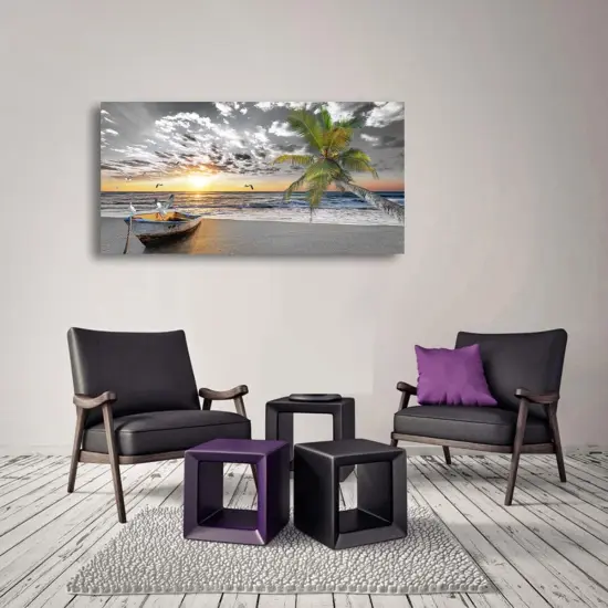 Canvas Wall Art Black and White Beach Palms Prints Paintings for Home Wall Decor Boat and Sunset Seascape Pictures Canvas Art for Living Room Bedroom Office Wall Decor Natural Scenery Artwork {5}