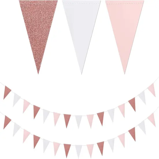 Pink-White Rose-Gold Party Decorations Banner - 2 Pack Engagement Baby Bridal Shower Paper Pennant Triangle Flags, Girl Birthday Bachelorette Mothers Day Wedding Bunting {1}