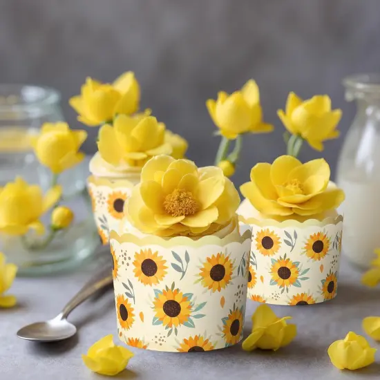 100Pcs Sunflower Paper Baking Cups with Scalloped Gold Rim Yellow Green Sunflower Cupcake Wrappers Cupcake Muffin Cases for Summer Party Supplies {4}