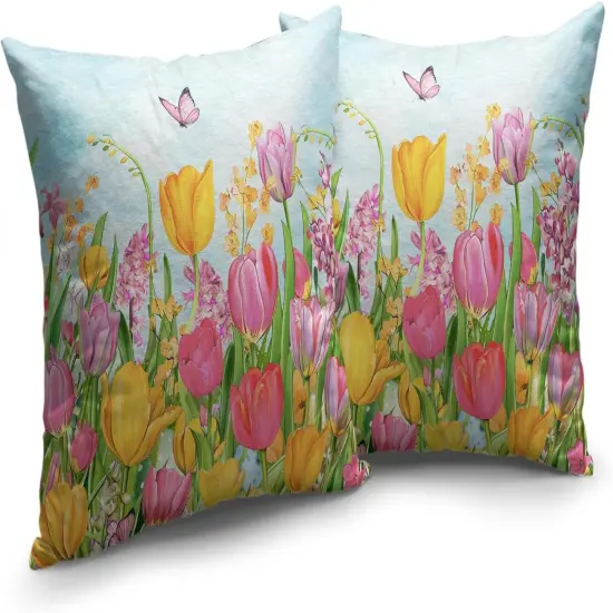 Tulip Pillow Covers 18x18 Set of 2 Spring Throw Pillow Covers Pink Yellow Tulip Floral Outdoor Pillowcase Watercolor Cotton Linen Cushion Case for Sofa Outdoor Patio {2}