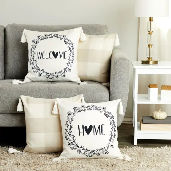 Set of 4 Plaid Throw Pillow Covers, 18x18 Inch Decorative Farmhouse Pillow Cases with Printed Designs and Tassels Multicolor {2}