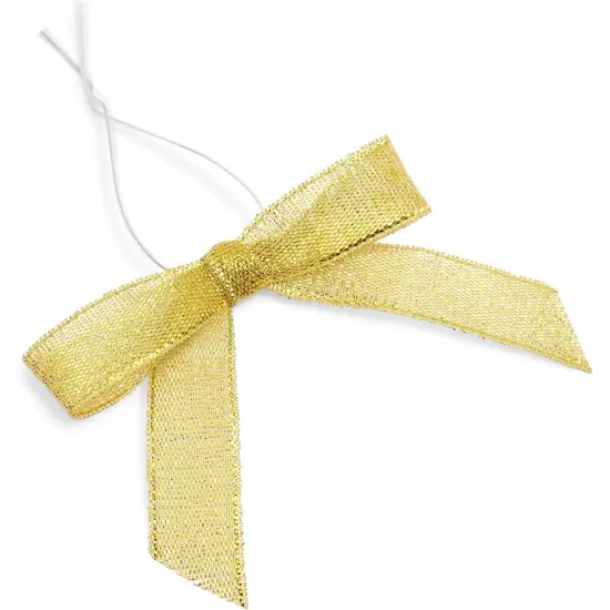 100-Pack Twist Tie Bows, Metallic Gold Pre-Tied Satin Ribbon for Gift Wrap Bags Boxes, Party Favors, Baked Goods, Crafts, Mini Bowties for Hair Decorations (2.5x3 in) {1}