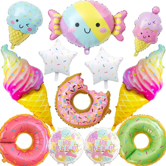 12 PCS Large Donut Candy Ice Cream Theme Balloons, Ice Cream Party Decorations, Foil Mylar Balloons for Summer, Hawaii, Birthday, Baby Shower Party Supplies {1}