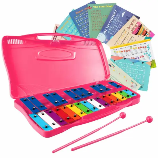 Portable Kids Glockenspiel Chromatic Metal Xylophone with 25 Tunes and 15 Rainbow Color Notes with 2 Full Octaves Yellow {4}