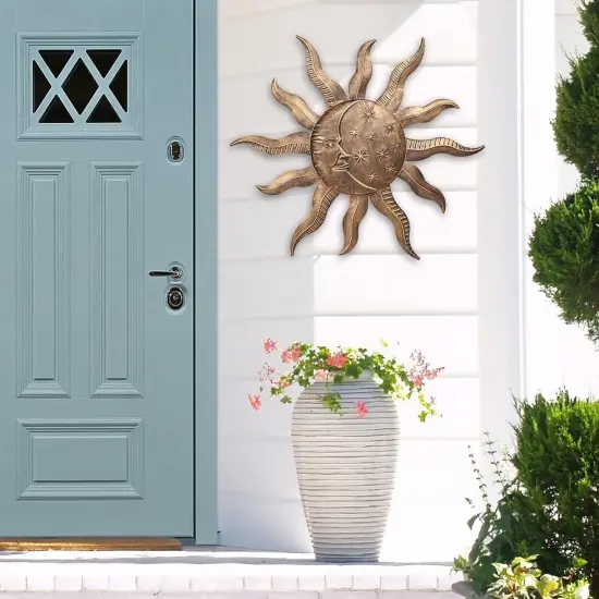 Summer Sun Metal Wall Outdoor Decor Moon Wall Decoration Metal Wall Sculpture Hanging Garden Wall Sculpture for Indoor Outdoor Patio Fence Decor Gold {3}