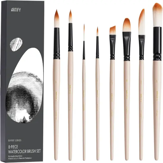 ARTIFY Watercolor Brush Set, 8 Pcs Professional Paint Brushes with Case for Beginners and Artists, Various Shapes, Optimized Hairs for Watercolor, Gouache, Ink, Tempera, and Fabric Painting {1}