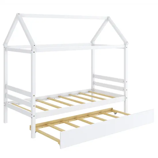 Wood Twin House Platform Bed Frame with Trundle, Sturdy White {8}