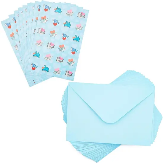 Pipilo Press 36 Pack Cute Shark Animal Valentine's Cards with Envelope, 6 Assorted Heart Designs with 9 Sheets Stickers, Kids Blank Notecards for Classroom Exchange Gift (3.5 x 6 Inch) Blue {7}