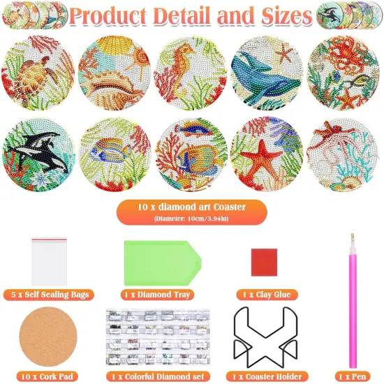 Diamond Art Painting Coasters Kit, 10 Pieces Ocean Diamond Art Coasters with Holder, DIY Diamond Arts and Crafts for Adults {2}
