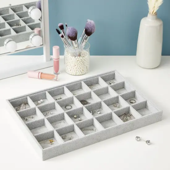 Velvet Jewelry Organizer Tray for Earrings, Stackable 24 Grid Storage for Rings (Gray, 14x10 in) Grey {3}