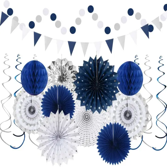 Navy-Blue White-Silver Graduation Party-Decorations - 33pcs Kits Banner, Streamers Tassel Garland,Tissue Pom Poms Honeycomb, Paper Lantern Fans,Wedding Birthday Baby Shower Backdrop Decor Hugtmr {4}