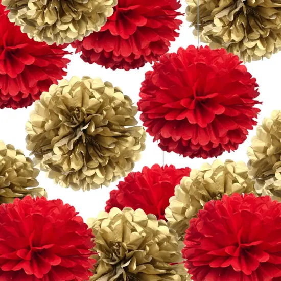 14" Red and Gold Tissue Pom Poms Kit DIY Decorative Paper Flowers Ball for Christmas New Years Eve Party Wedding Baby Shower Graduation Birthday Party Home Outdoor Hanging Decorations, Pack of 10 {1}