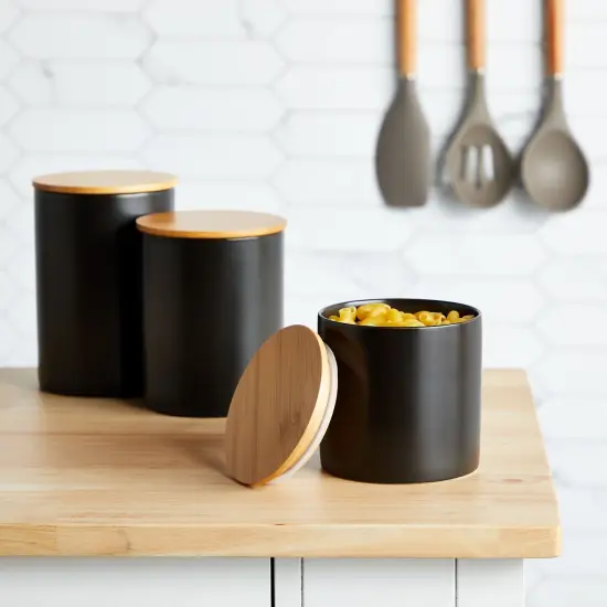 Farmlyn Creek 3 Piece Matte Black Kitchen Canister Set with Airtight Wooden Bamboo Lids, Kitchen Counter Containers, Food Storage Jars, Ideal for Storing Sugar, Coffee and Other Dry Goods, (3 Sizes) {3}