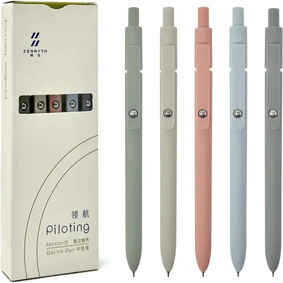 Smooth Retractable Black Ink Gel Pens, 0.5mm Fine Point, for Home Office Work (Set of 5), Morandi {1}