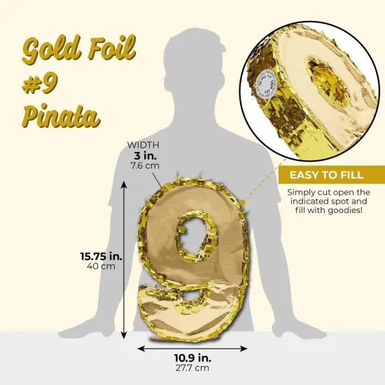 Juvale Gold Foil Number 9 Pinata for Kids Ages 3-14 Birthday Party Decorations, Centerpieces, Anniversary Celebrations, Small (15.5 x 11 x 3 In) {2}