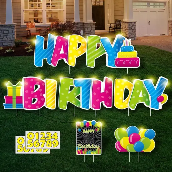 Happy Birthday Yard Signs with Stakes - 2 x LED Lights and Personalized Signs with 20 Number Stickers - 16" Large Birthday Yard Signs Colourful Outdoor Lawn Decorations, REUSABLE, WEATHERPROOF {1}