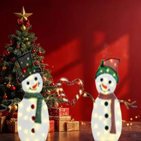 30" & 32" Lighted Heart Snowmen Set of Two Christmas Yard Figures {5}