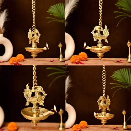 Brass Peacock Wall Hanging Diya with Chain Annam Hanging Idol Oil Lamp Diya for Home Temple Mandir Office Diwali Decor Kathu Vilakku Puja Diya - Deepawali Housewarming Return Gift {4}