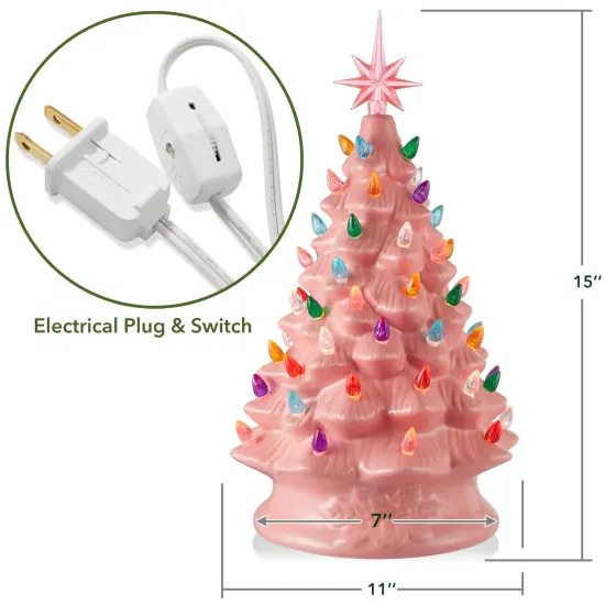 Casafield Hand Painted Ceramic Christmas Tree, Pink 15-Inch Pre-Lit Tree with 128 Multi Color Lights and 2 Star Toppers {6}