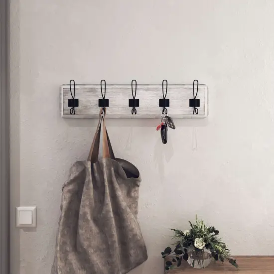HBCY Creations Rustic Coat Rack with Hooks -Wall Mount Coat Rack - Solid Pine Wood Entryway Hanger - Farmhouse Coat Rack for Kitchen, Bedroom White Wash {6}