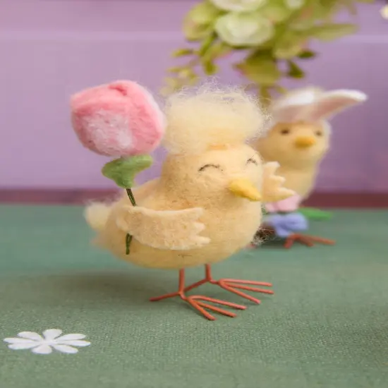 4.33" Easter Spring Chick & Pink Tulip Flower Floral Decorative Tabletop Figurine {4}
