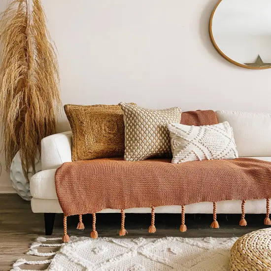 Boho Textured Woven Lumbar Pillow Cover &ndash; Handmade Beige 12x20&rdquo; Decorative Accent {3}