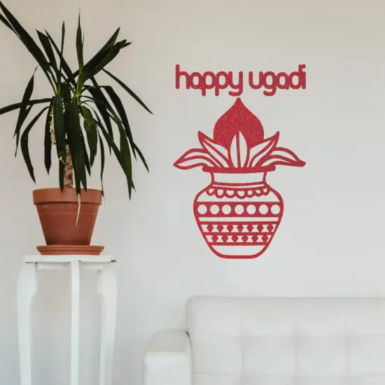 Ugadi Wall Decor Mangal Kalash Happy Ugadi Text Sticker Decorative Cutout Diy Indian Backdrop Traditional Telugu New Year Wall Decor Puja Mandir Ugadi Celebration Spiritual Gift Red {1}