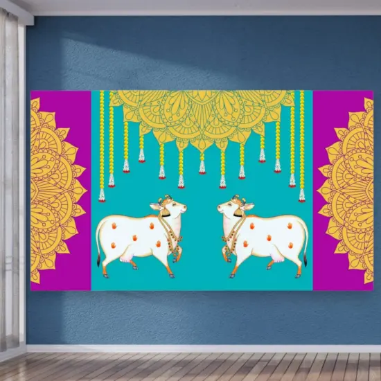 Pichwai Cow Print Backdrop 5x8 Feet Backdrop Indian Traditional Cloth Satnaryan Pooja Decor Indian Pooja Wall Decor Indian Wall Art Photo Decor Banner Decorative Cloth Wedding Favor {5}