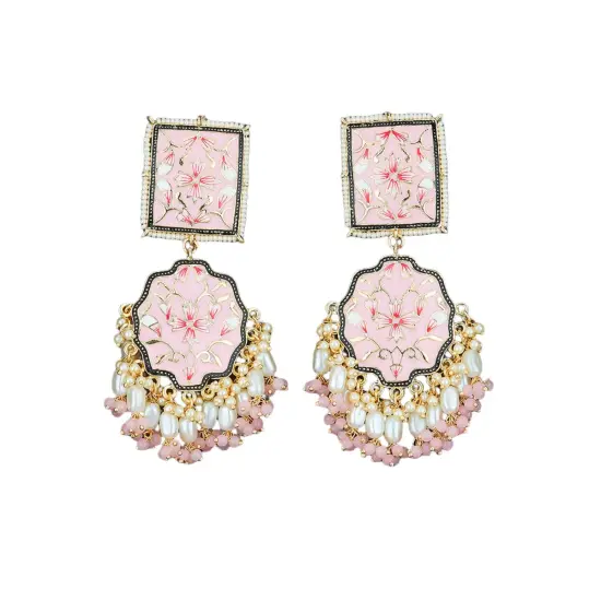 Oversized Indian Jhumka Earrings &ndash; Square Stud Jhumki, Ethnic Chandbali with Floral Print & Faux Pearls &ndash; Bollywood Dangle Jewelry for Women, Bride & Birthday Gift LIGHTPINK {1}