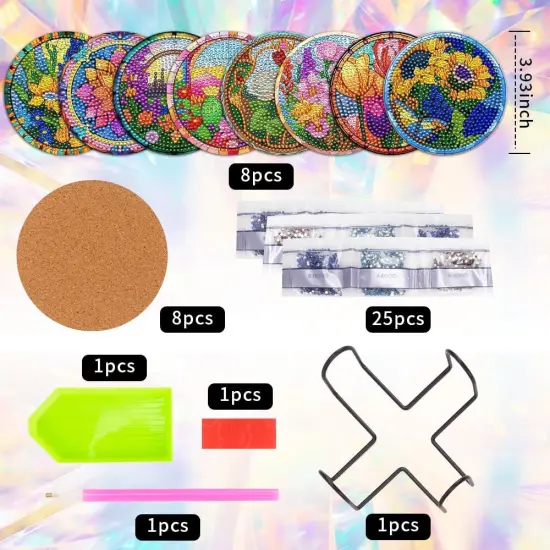 8 Pcs Diamond Art Painting Coasters with Holder, DIY Colorful Flowers Diamond Art Coasters for Drinks Diamond Art Painting Kits for Beginners, Diamond Kits Craft Supplies for Adults Kids {2}