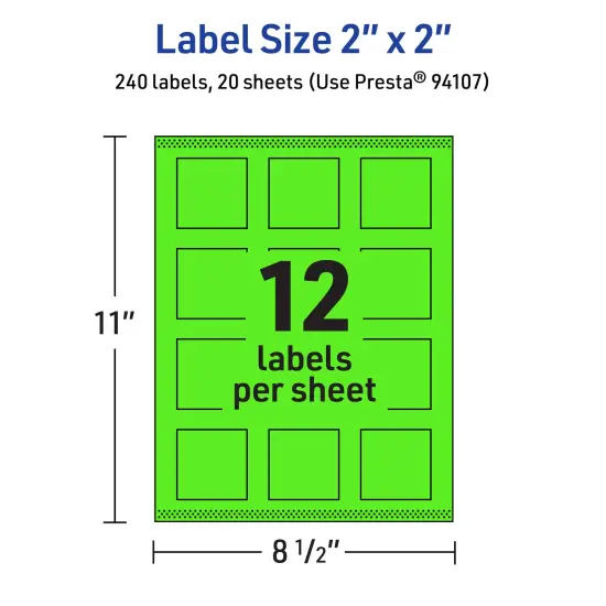 Avery Neon Green Paper Labels, 2" x 2" Square {5}